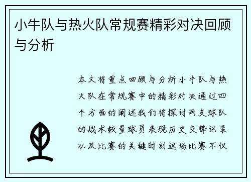 小牛队与热火队常规赛精彩对决回顾与分析